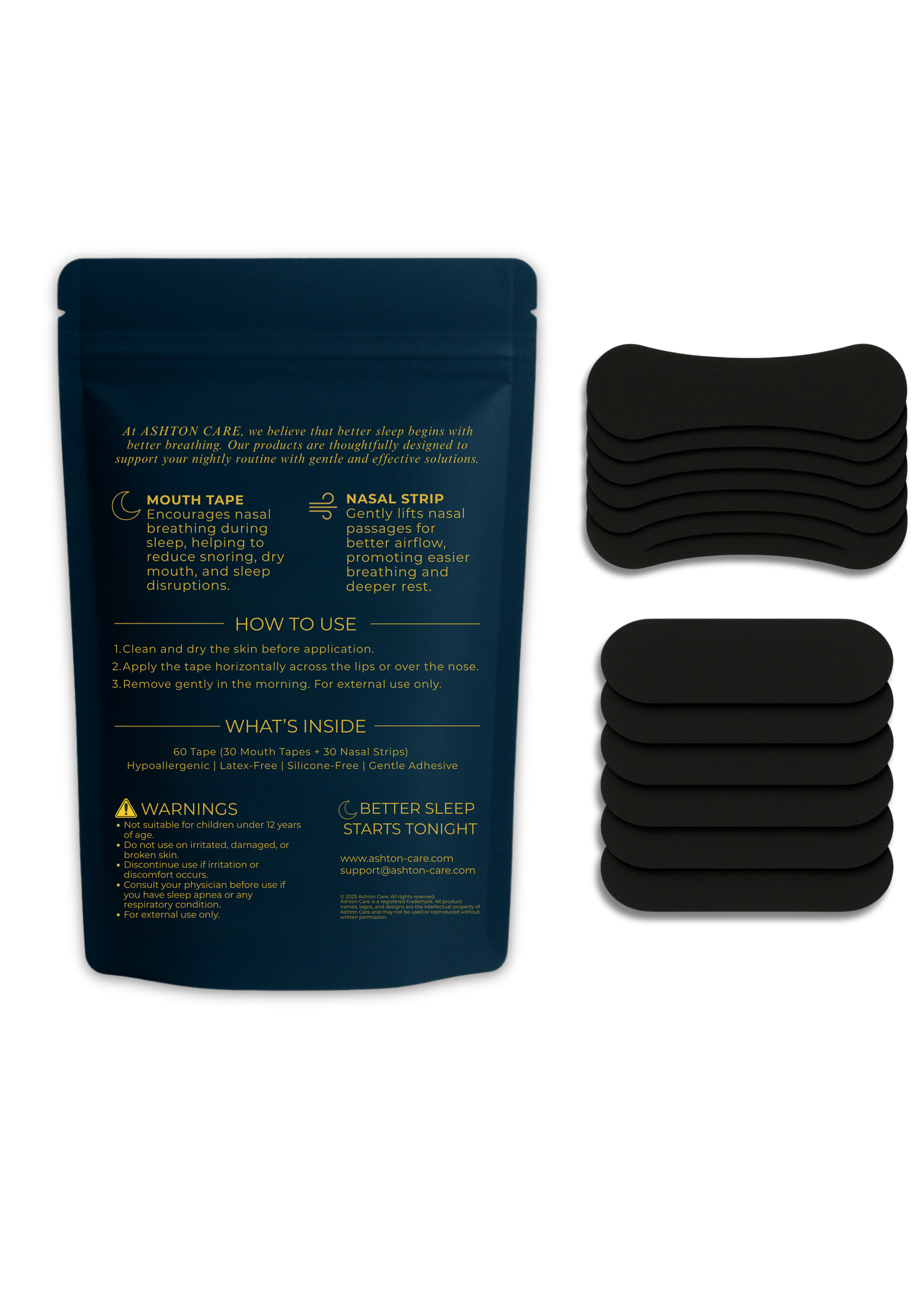 Ashton Care 60-Piece Sleep Tape Set – Embrace Peaceful Nights with 30 Mouth Tapes + 30 Nasal Strips for Snoring Relief