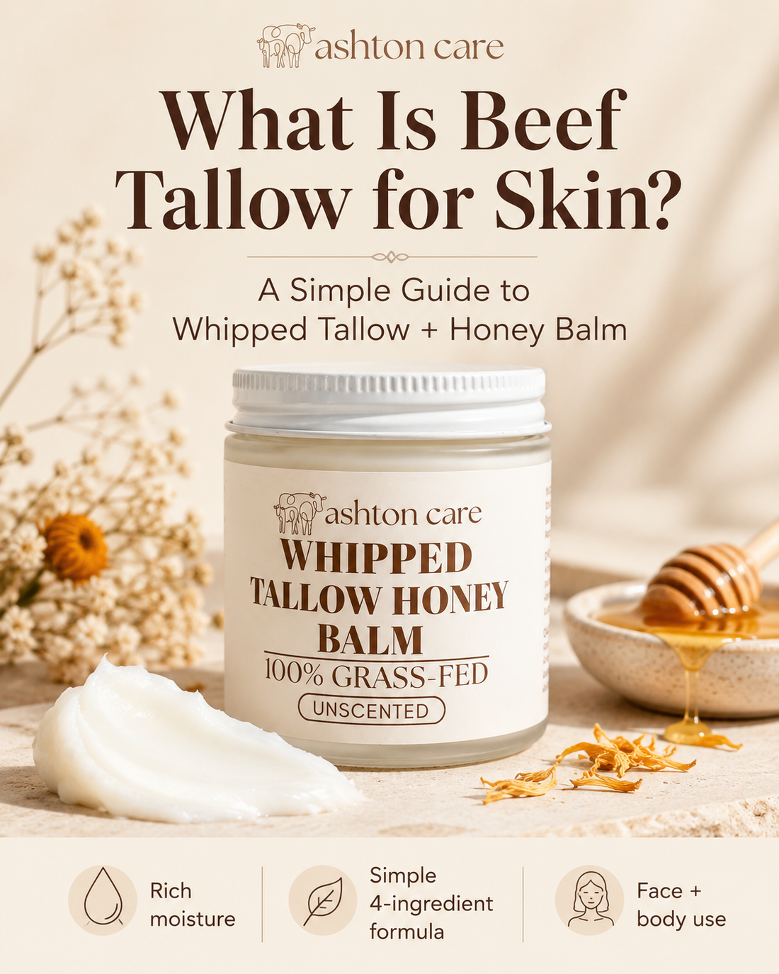 Ashton Care Whipped Tallow Honey Balm featured in a guide explaining what beef tallow is for skin.