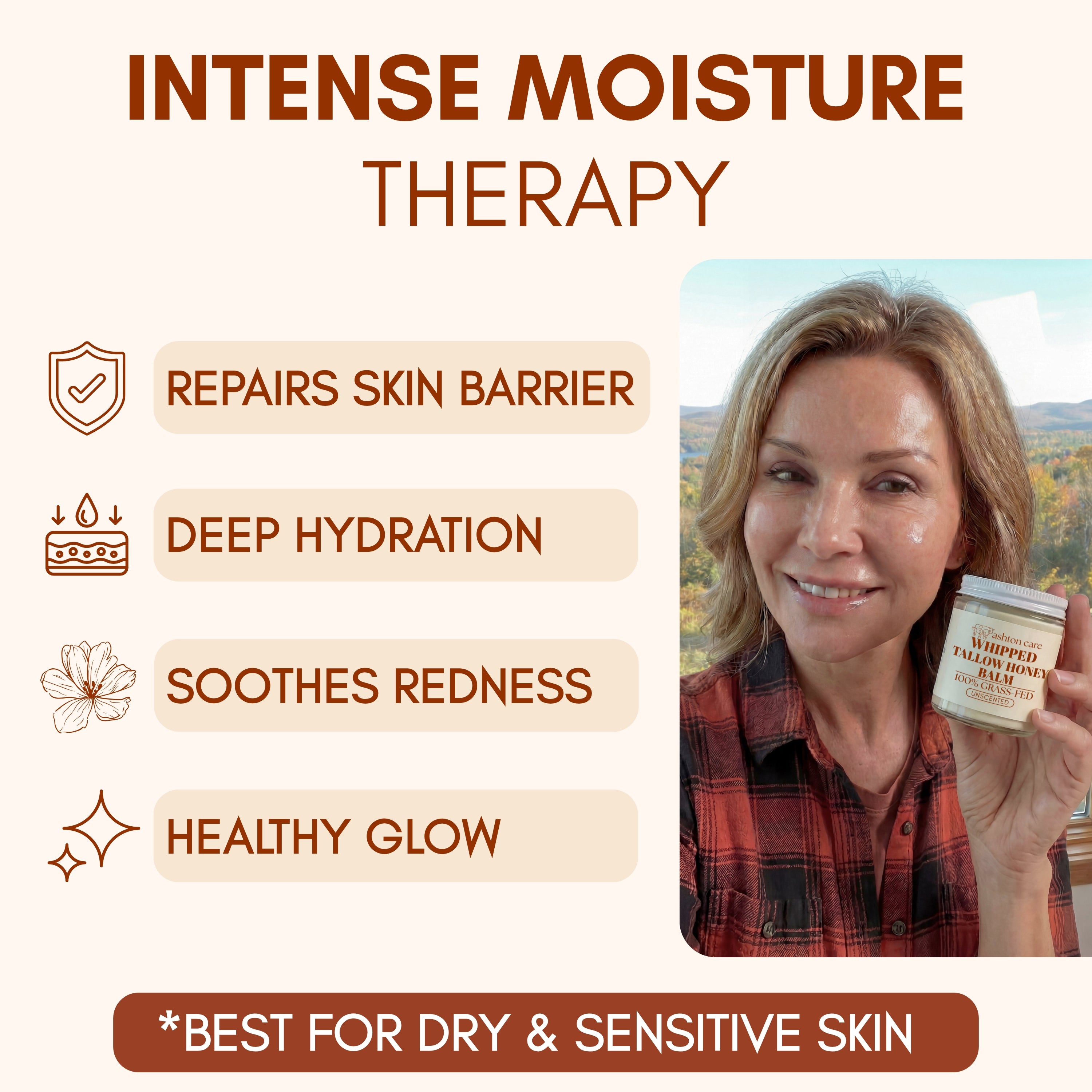 Whipped Beef Tallow and Honey Face Balm (Unscented) - Made from 100% Grass Fed Beef Tallow