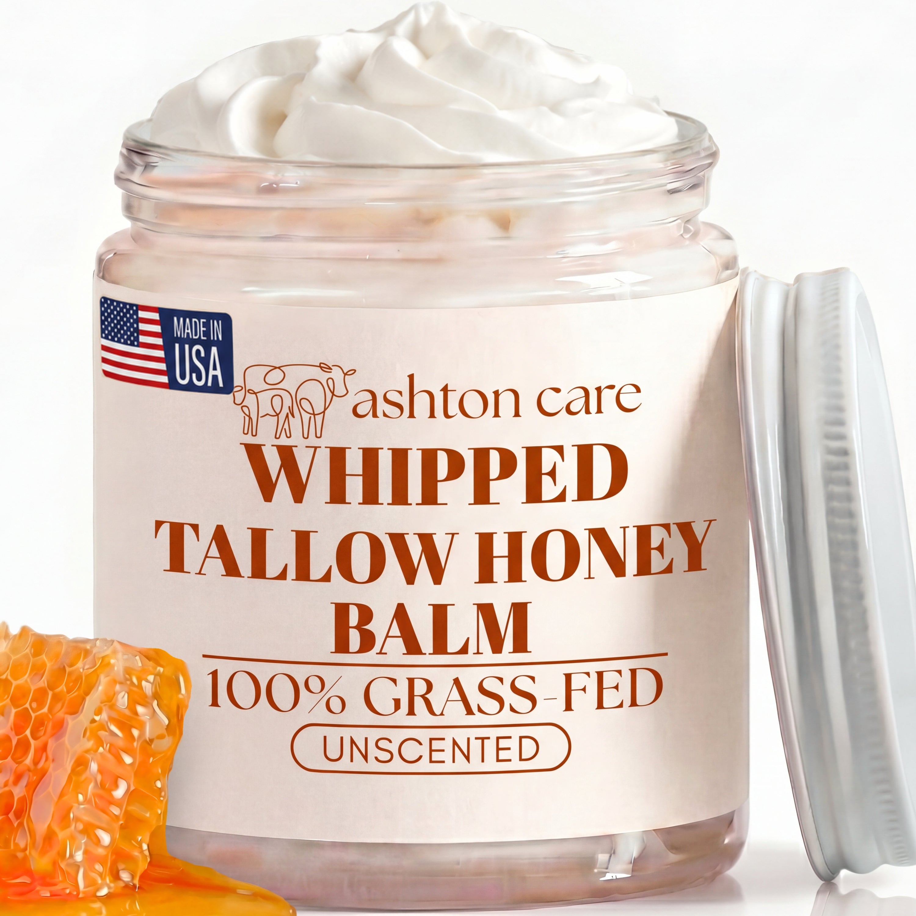 Whipped Beef Tallow and Honey Face Balm (Unscented) - Made from 100% Grass Fed Beef Tallow